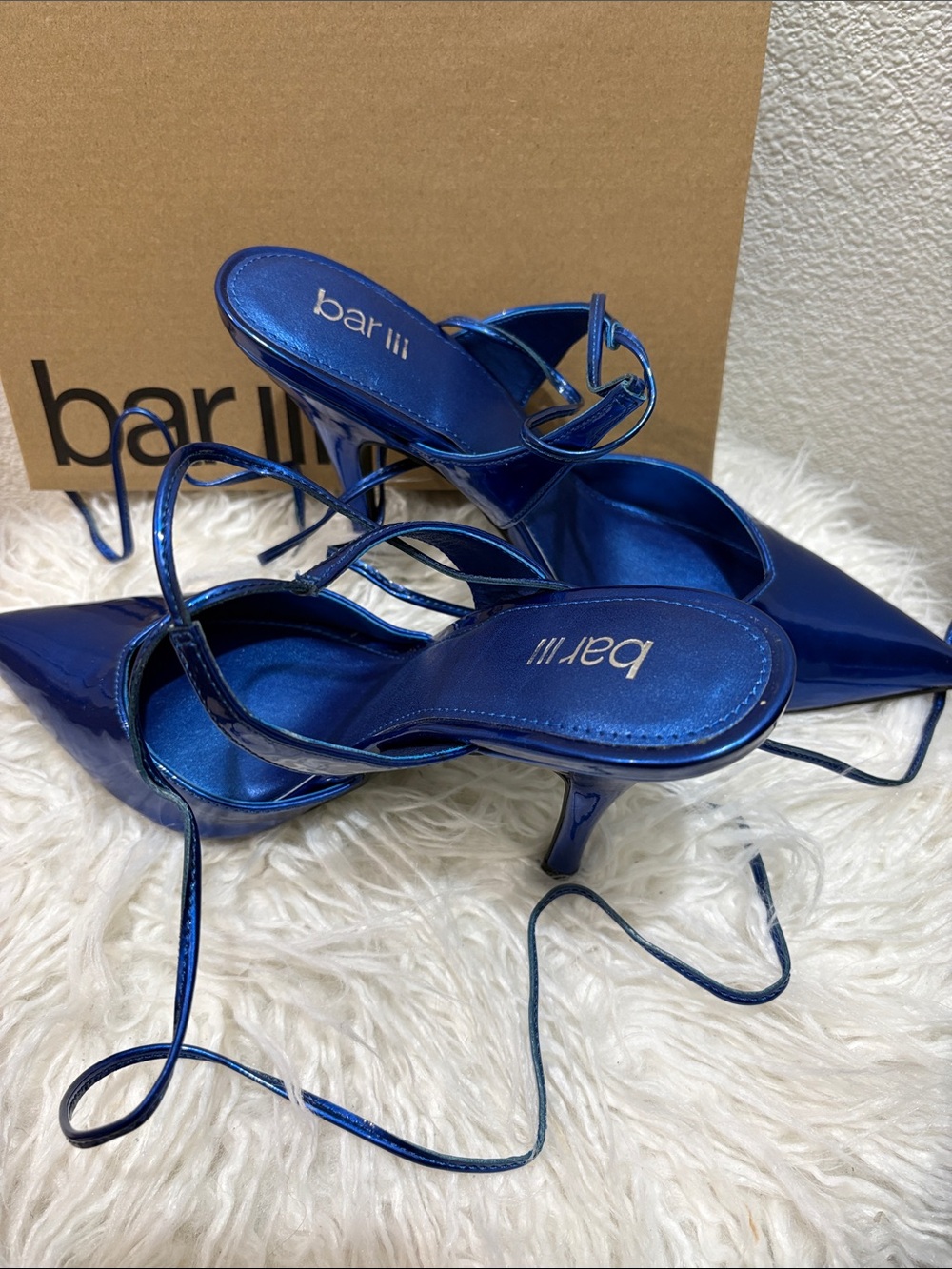 Bar III Metallic Blue Patent Strappy Pointed-Toe Heels